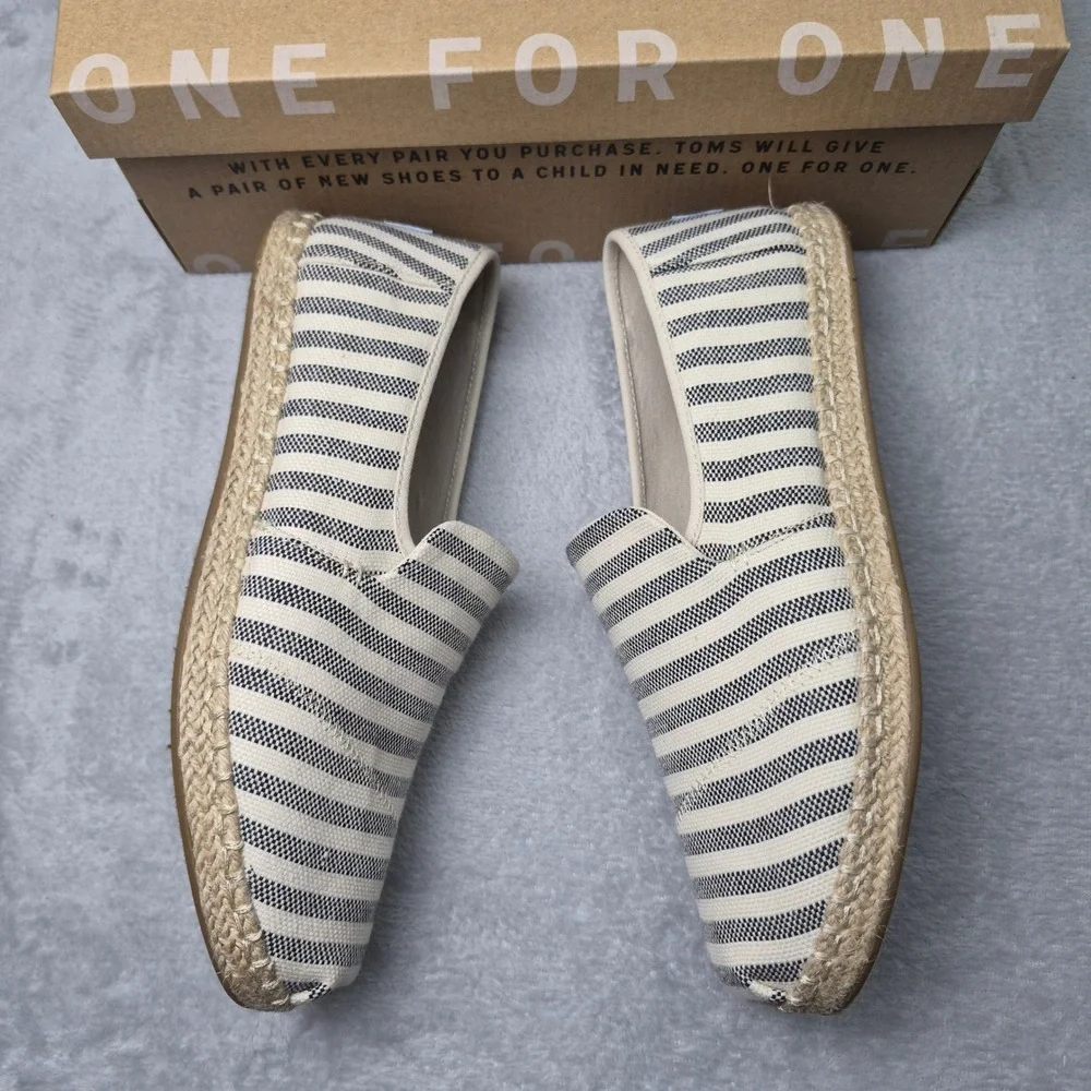 TOMS Alpargata Espadrille Black White Striped Canvas Slip On Shoes Women 10